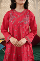 Girls Pink Cotton Embroidered Ethnic Suit with Net Dupatta – Festive & Party Wear