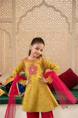 Mustard Yellow Embroidered Kurti with Pink Salwar Set