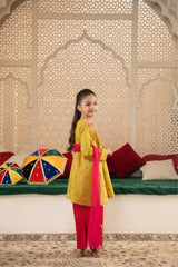 Mustard Yellow Embroidered Kurti with Pink Salwar Set