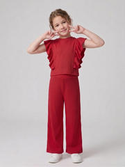 Girls Red Ribbed Co-Ord Set – 100% Cotton Rib, Comfy Wide-Leg Pants & Soft Short Top