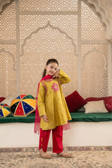Mustard Yellow Embroidered Kurti with Pink Salwar Set