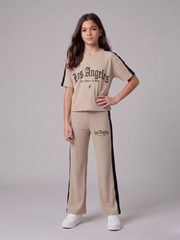 Girls Beige Ribbed Two Piece Set – Los Angeles Graphic Tee & Side Stripe Pants