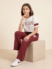 Chicago 02 Premium Ribbed Co-ord Set for Girls | Maroon Wide-Leg Trousers & Graphic Tee
