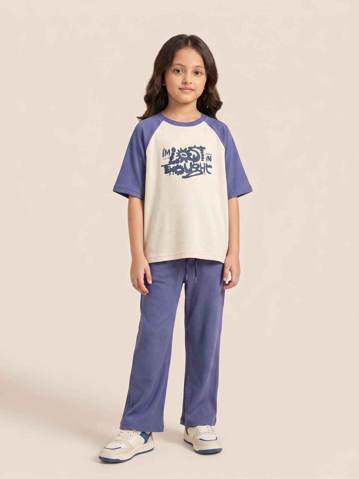 Premium Girls’ Ribbed Knit Summer Co-ord – Oversized Graphic Shirt with Straight Wide-Leg Trousers