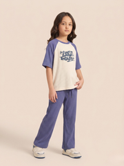 Premium Girls’ Ribbed Knit Summer Co-ord – Oversized Graphic Shirt with Straight Wide-Leg Trousers