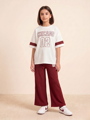 Chicago 02 Premium Ribbed Co-ord Set for Girls | Maroon Wide-Leg Trousers & Graphic Tee