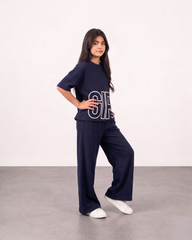 Girls Navy Blue Ribbed 2-Piece Matching Set – "GIRL" Graphic Top & Wide Leg Pants
