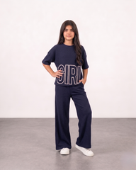 Girls Navy Blue Ribbed 2-Piece Matching Set – "GIRL" Graphic Top & Wide Leg Pants