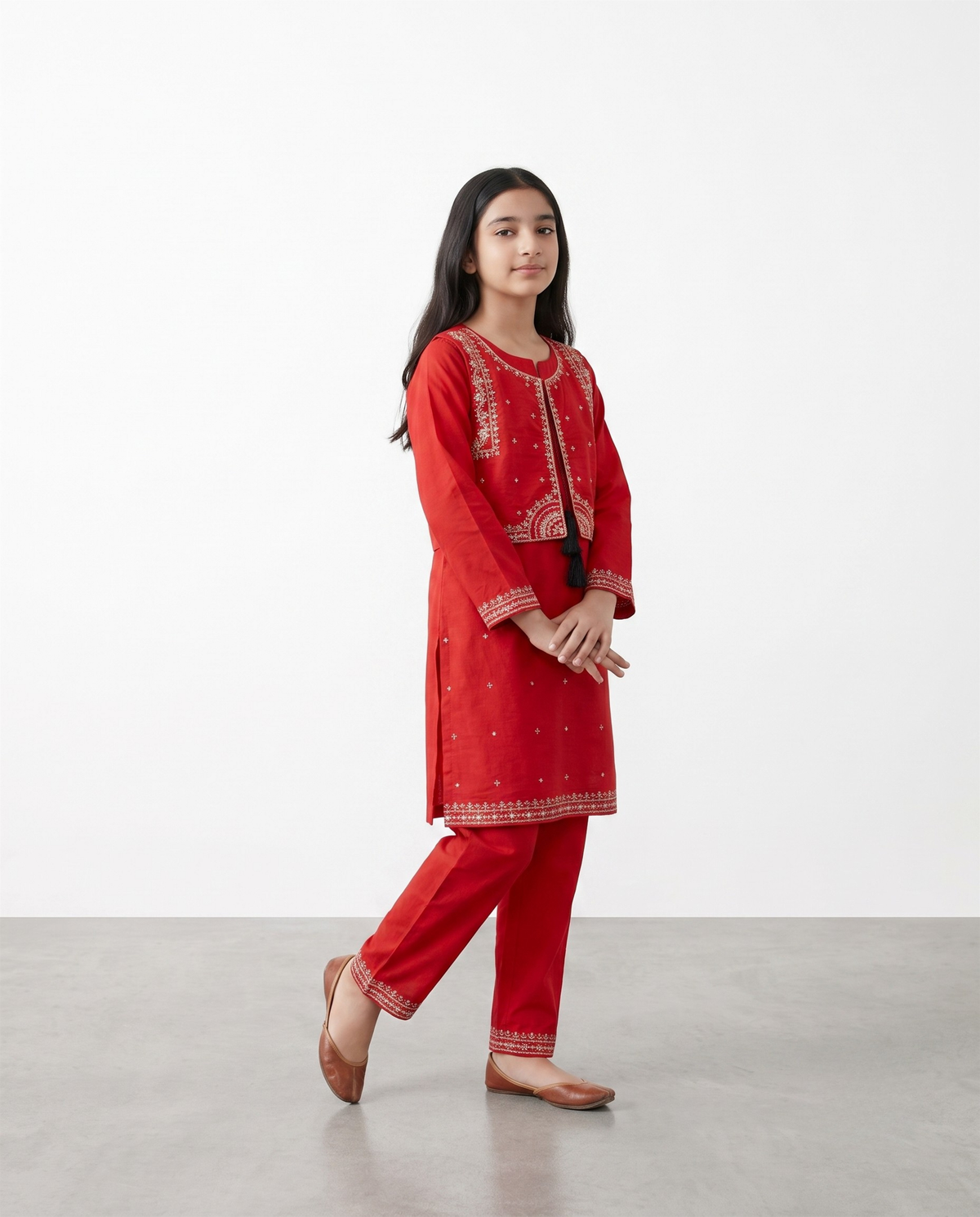 Girls Premium Red Embroidered Waistcoat Suit | Traditional 3-Piece Kurta Set for Kids
