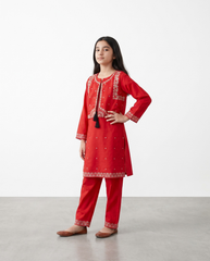 Girls Premium Red Embroidered Waistcoat Suit | Traditional 3-Piece Kurta Set for Kids