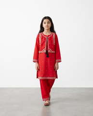 Girls Premium Red Embroidered Waistcoat Suit | Traditional 3-Piece Kurta Set for Kids
