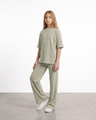 Girls Sage Green Ribbed Co-ord Set | Oversized Tee & Wide Leg Trousers