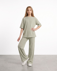 Girls Sage Green Ribbed Co-ord Set | Oversized Tee & Wide Leg Trousers