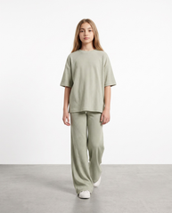 Girls Sage Green Ribbed Co-ord Set | Oversized Tee & Wide Leg Trousers