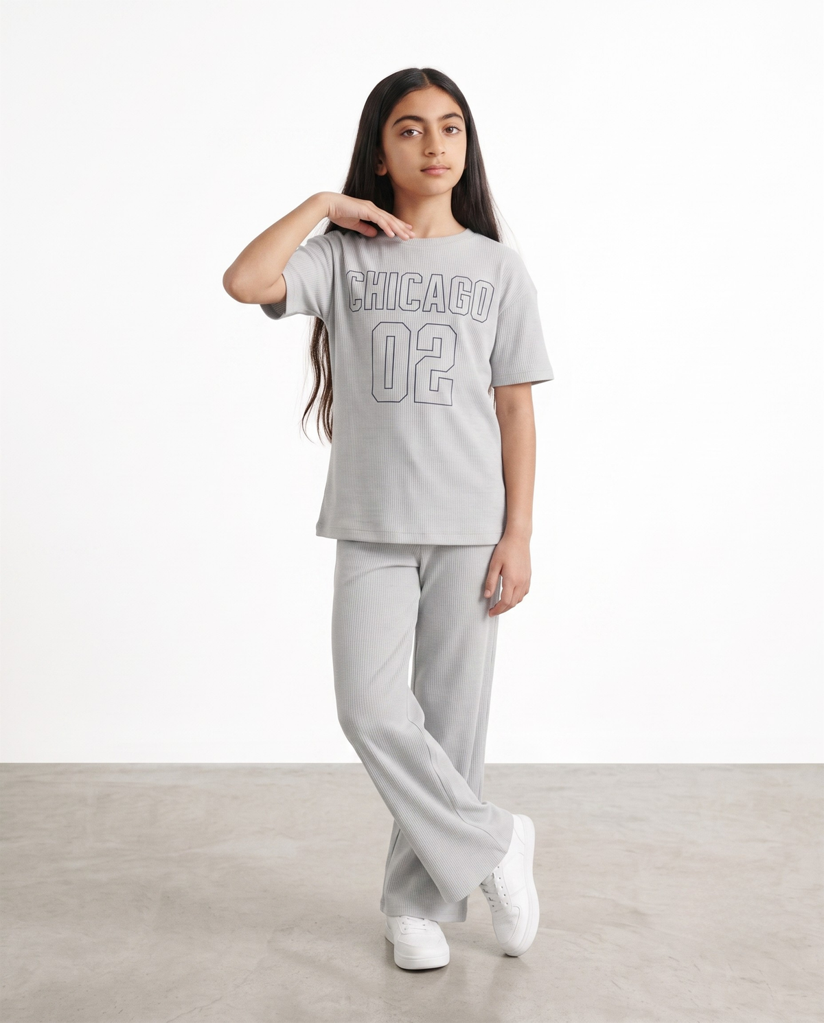 Girls Grey Ribbed 2-Piece Co-ord Set | Chicago 02 Graphic Tee & Wide Leg Trousers