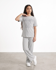 Girls Grey Ribbed 2-Piece Co-ord Set | Chicago 02 Graphic Tee & Wide Leg Trousers