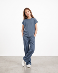 Girls' 2-Piece Ribbed Co-ord Set – Loose Fit Short Sleeve Top & Wide Leg Pants