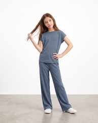 Girls' 2-Piece Ribbed Co-ord Set – Loose Fit Short Sleeve Top & Wide Leg Pants