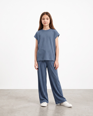 Girls' 2-Piece Ribbed Co-ord Set – Loose Fit Short Sleeve Top & Wide Leg Pants