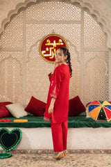 Crimson Charm: 100% Cotton 2-Piece Eastern Suit with Multihead Embroidery