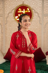 Crimson Charm: 100% Cotton 2-Piece Eastern Suit with Multihead Embroidery