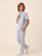 100% Cotton Kids Light Blue Daily Wear Set – Soft Breathable Short Sleeve Shirt & Pants for Boys