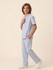 100% Cotton Kids Light Blue Daily Wear Set – Soft Breathable Short Sleeve Shirt & Pants for Boys