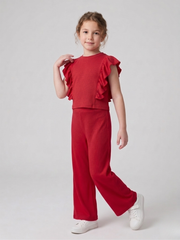 Girls Red Ribbed Co-Ord Set – 100% Cotton Rib, Comfy Wide-Leg Pants & Soft Short Top