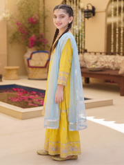 Girls Yellow Embroidered 3-Piece Suit – 100% Cotton Kurta Gharara Dupatta Set