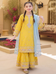 Girls Yellow Embroidered 3-Piece Suit – 100% Cotton Kurta Gharara Dupatta Set