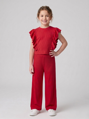 Girls Red Ribbed Co-Ord Set – 100% Cotton Rib, Comfy Wide-Leg Pants & Soft Short Top