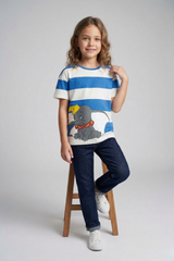 Blue & White Striped Dumbo Graphic Long T-Shirt for Kids | 100% Cotton
