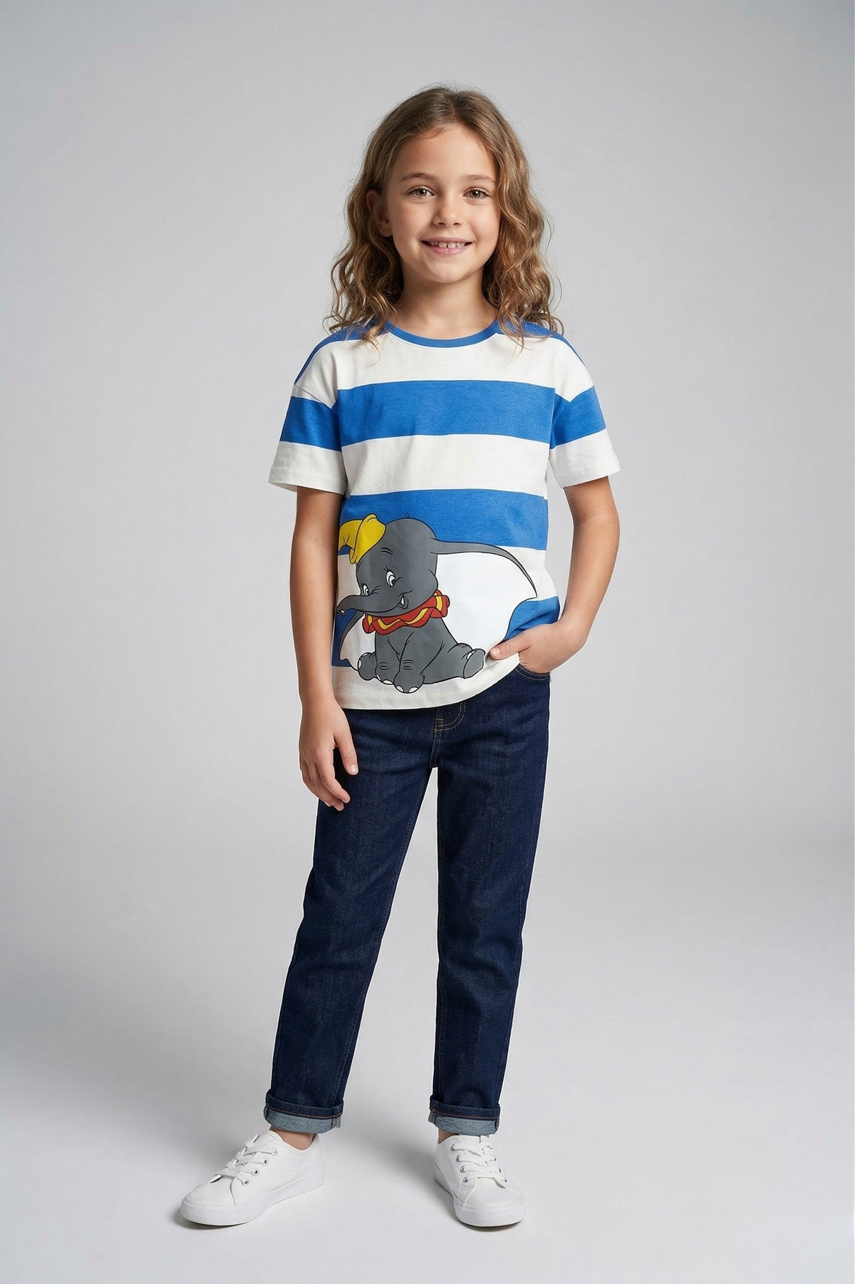 Blue & White Striped Dumbo Graphic Long T-Shirt for Kids | 100% Cotton
