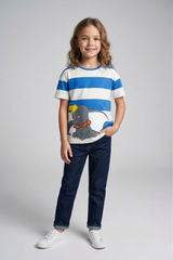 Blue & White Striped Dumbo Graphic Long T-Shirt for Kids | 100% Cotton