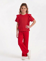 Girls Red Ribbed Co-Ord Set – 100% Cotton Rib, Comfy Wide-Leg Pants & Soft Short Top