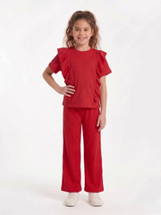 Girls Red Ribbed Co-Ord Set – 100% Cotton Rib, Comfy Wide-Leg Pants & Soft Short Top