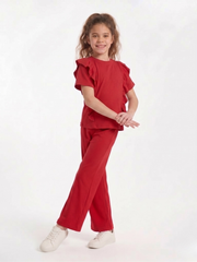 Girls Red Ribbed Co-Ord Set – 100% Cotton Rib, Comfy Wide-Leg Pants & Soft Short Top