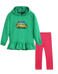 Girls Soft Cotton Printed Fleece Hoodie Suit With Tight