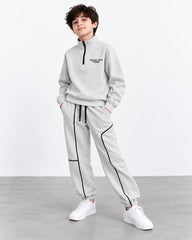 Kids Light Grey Fleece Tracksuit Set | Quarter-Zip Sweatshirt & Jogger