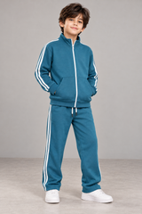 Kids Teal Blue Cotton Fleece Tracksuit with White Stripes