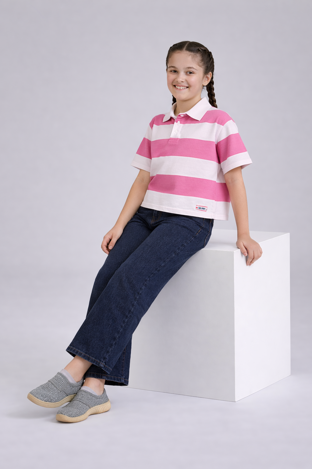 Girl's Pink & White Striped Boxy Fit Polo Shirt