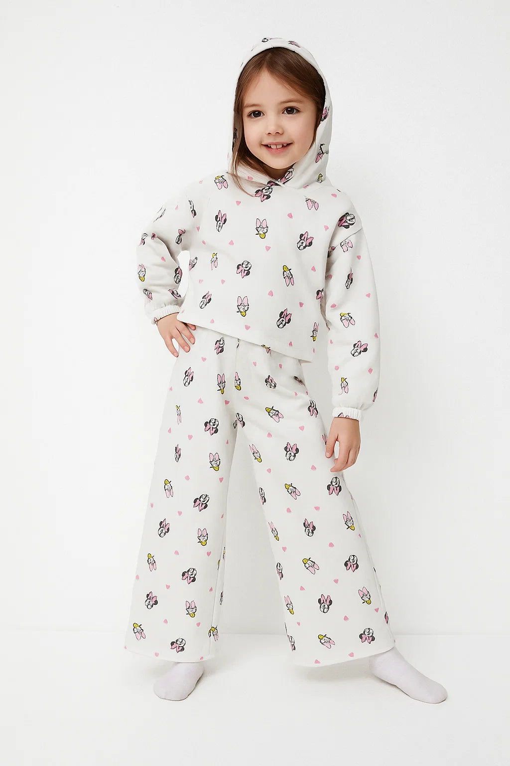 Minnie & Daisy Printed Fleece Tracksuit | Girls Short Body Hoodie & Wide Leg Trouser