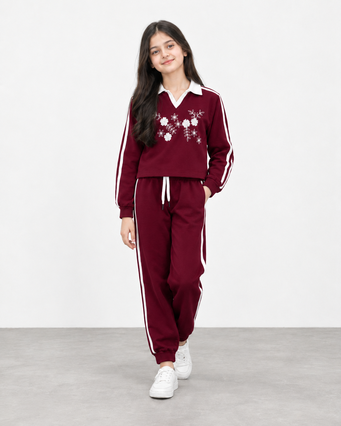 Girls’ Short-Body Tracksuit Set – Wine red Floral Embroidered Sweatshirt & Jogger Pants