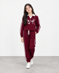 Girls’ Short-Body Tracksuit Set – Wine red Floral Embroidered Sweatshirt & Jogger Pants