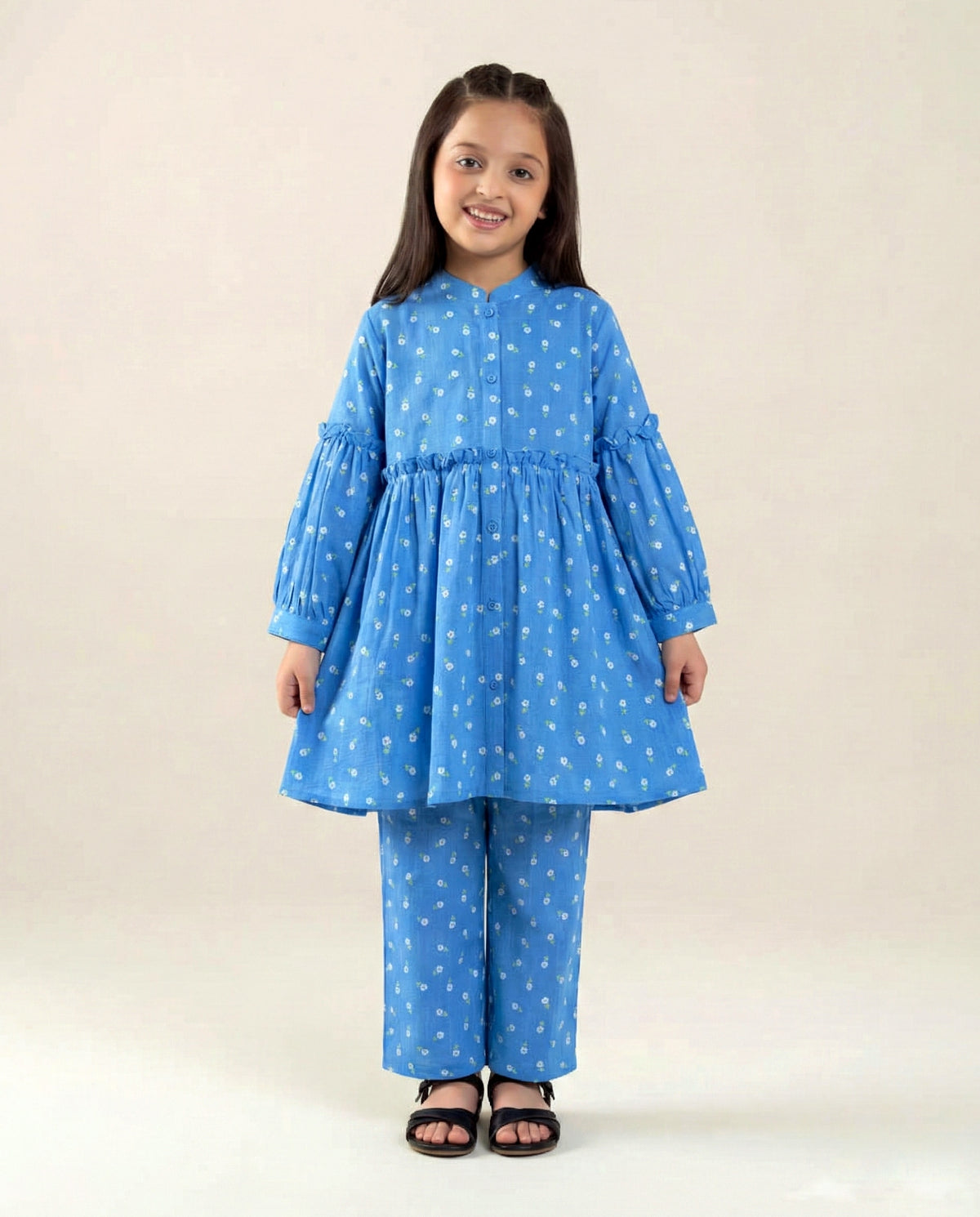 Girls Blue Printed Cotton Suit – 2 Piece Kurti & Trouser Set