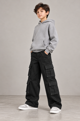 Unisex 8-Pocket Jet Black Wide Leg Jeans – 100% Cotton Stretch Denim