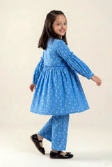 Girls Blue Printed Cotton Suit – 2 Piece Kurti & Trouser Set