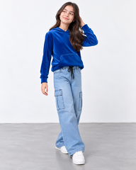 Kids Wide-Leg Denim Cargo Pants – Light Blue