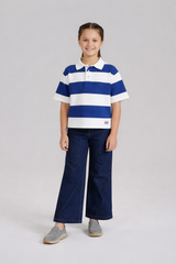 Girl's Retro Blue & White Striped Boxy Fit Polo Shirt