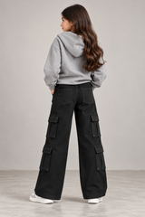Unisex 8-Pocket Jet Black Wide Leg Jeans – 100% Cotton Stretch Denim